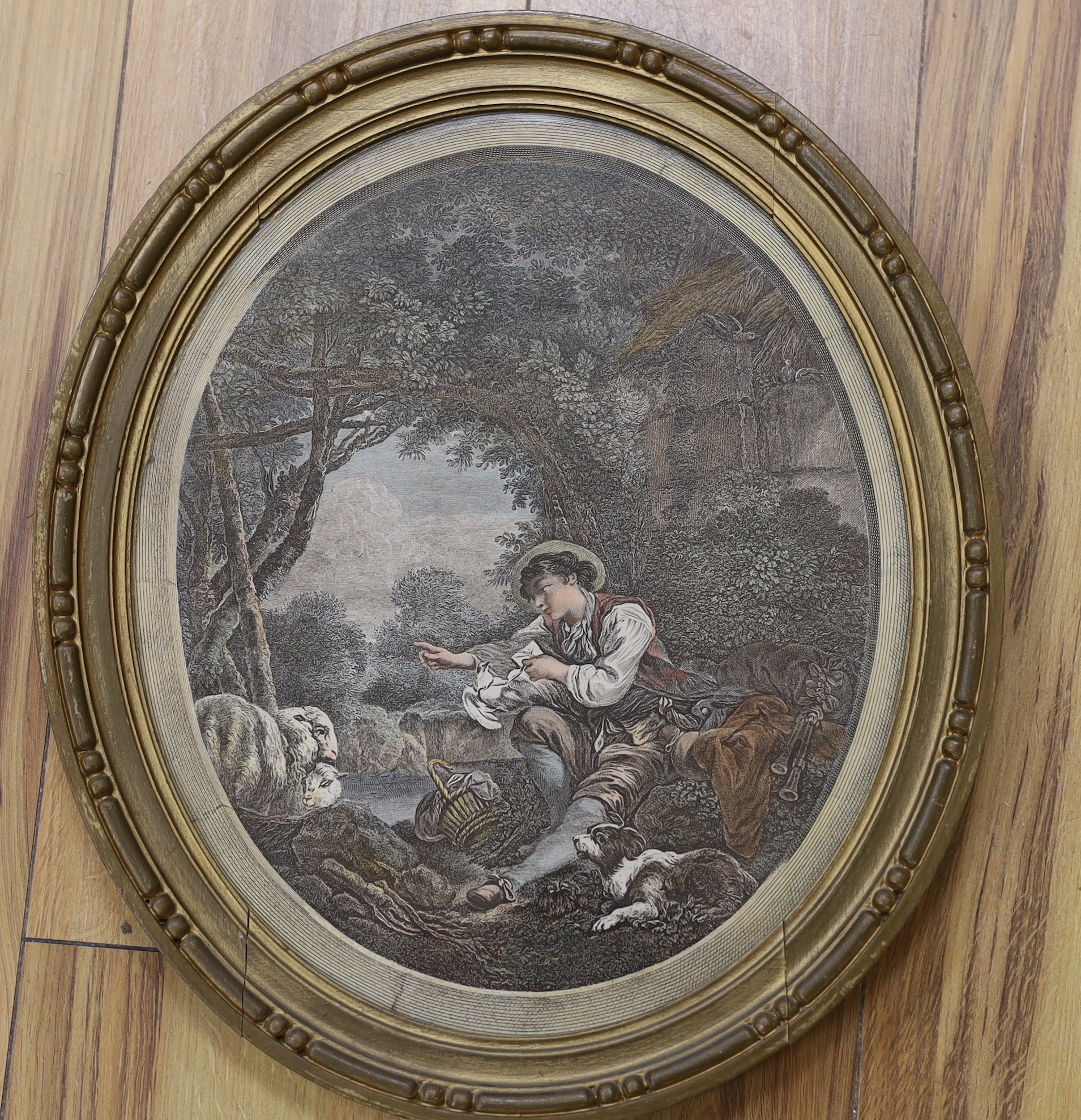 After Francois Boucher (French, 1703-1770), pair of oval colour engravings, ‘Dispatch of the Messenger’ and ‘Arrival of the Dove’, 36 x 30cm